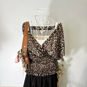 Cute vintage y2k leopard print babydoll wrap blouse top